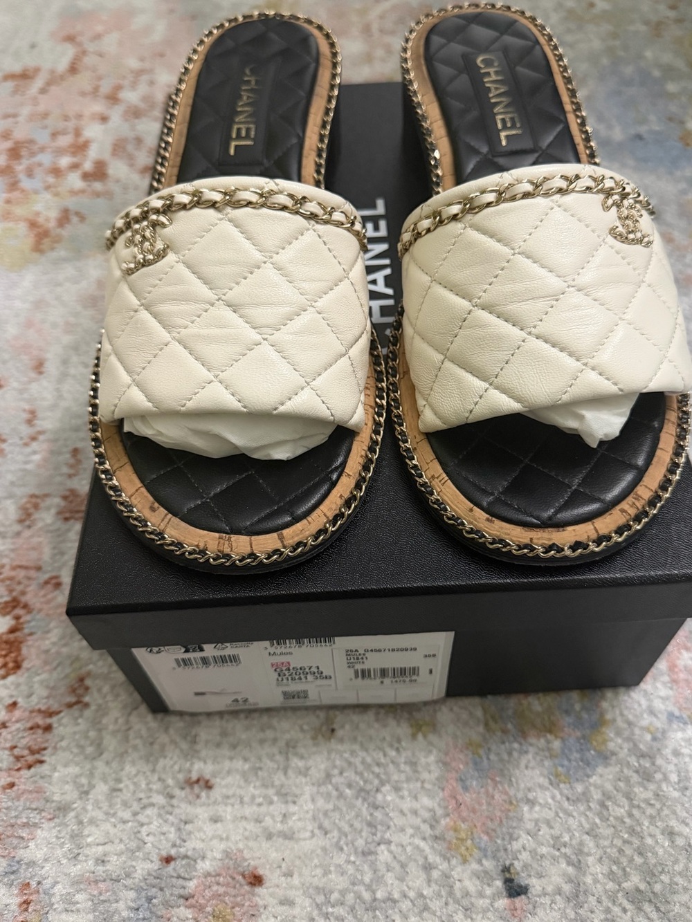 CHANEL Cream Quilted Leather Slide Mules with Gold Chain